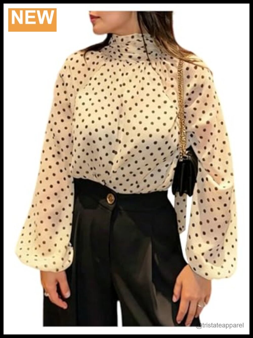 Women's Polka Dot Blouse Mock Neck Lantern Long Sleeve Top